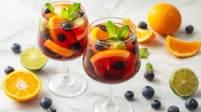 Drink summer alcohol, fruit cocktail. Sangria with fresh fruits and ice on white background 
