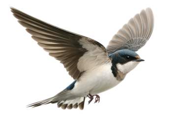 House Martin Mid-Flight with Open Wings Curved Downward, Angled Rear View, Isolated on White Background (2)