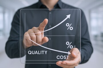 Businessperson using transparent digital interface to analyze quality and cost data.