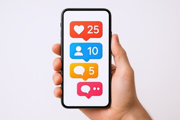 Smartphone displaying social media notifications with likes followers comments icons.