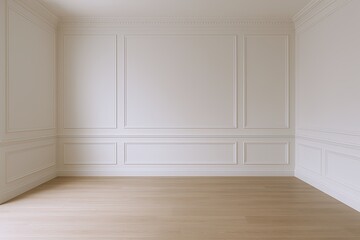 Fototapeta premium Bright empty room with beige wooden flooring and white paneled walls for interior design.