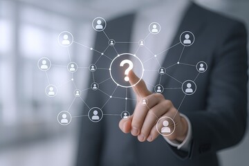 Businessperson Pointing at Network of Connected People and Question Mark Icon.