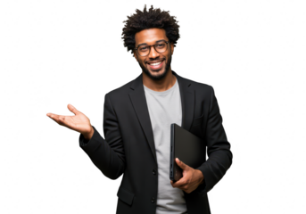 A smiling man in a black suit and glasses holds a laptop, gesturing with his hand, isolated on a transparent background