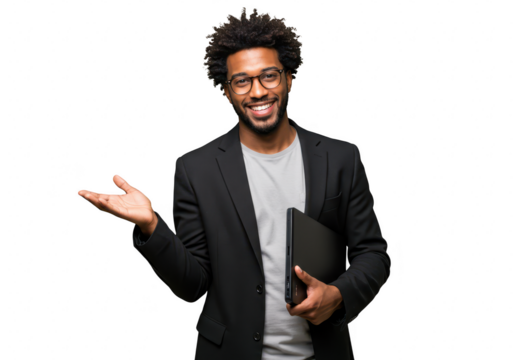 A smiling man in a black suit and glasses holds a laptop, gesturing with his hand, isolated on a transparent background
