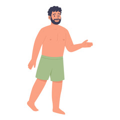 Happy man in shorts smiling and pointing with hand. Hand drawn flat vector character isolated on white background