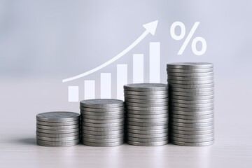 Increasing business growth chart with stacked coins and upward arrow symbol.