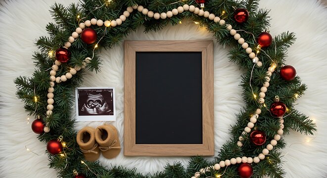 Christmas wreath with baby ultrasound, tiny boots and chalkboard for announcement