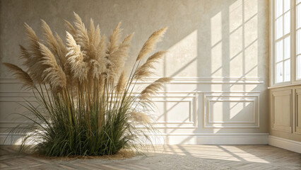 Pampas grass stands elegantly in a room with sunlight casting shadows, creating a serene and stylish interior decor featuring light beige and a minimalist aesthetic.