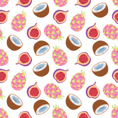 dragon fruit, figs, coconut. Cute vector seamless pattern of tropical fruits in flat style on white background