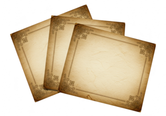 A stack of old, blank parchment papers with ornate borders isolated on transparent background