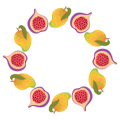 mango, figs. Round vector frame of tropical fruits for lettering in flat style on white background