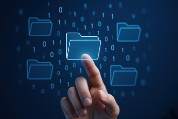 Digital data storage concept with illuminated folder icons and binary code background.