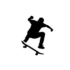 Obraz premium Silhouette of a skateboarder performing a trick, mid-air, with arms outstretched and one foot on the board, against a white background.