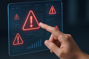 Close-up of a hand interacting with a digital warning alert on a futuristic touchscreen interface.