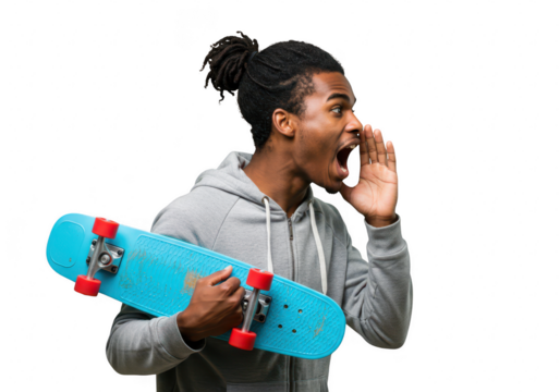 An energetic african man with dreadlocks in a grey hoodie shouts while holding a blue skateboard, isolated on white isolated on transparent background