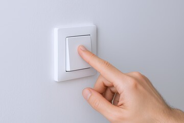 Close-up of a hand pressing a modern white light switch on a plain wall.