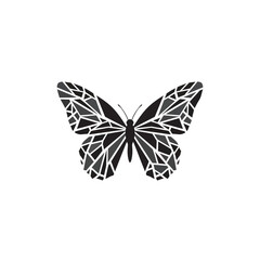 Geometric butterfly illustration with a mosaic-like pattern in shades of gray and black, isolated on a white background.