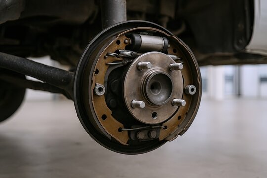 Close-up of a car brake drum assembly and wheel hub with no tire attached in workshop.