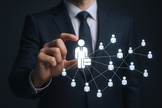 Professional businessman in suit interacting with digital network connection interface.