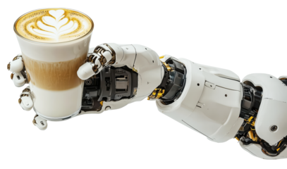 Robotic arm elegantly holds latte with intricate latte art, showcasing advanced technology in coffee service. scene blends innovation with art of coffee making., isolated