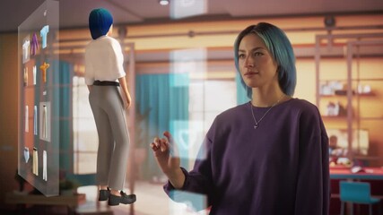 Caucasian Woman Enjoying Time at Home, Playing an Augmented Reality Video Game. Female Choosing a Character and Her Clothes, Holographic User Interface Showing Different Avatar Options - Powered by Adobe