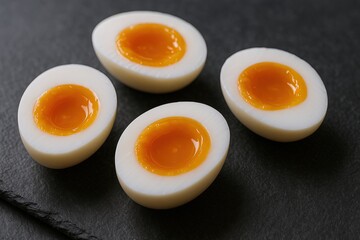 Close-up of four soft-boiled eggs with firm whites and runny yolks on black slate.