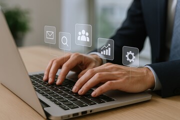 Businessman Using Laptop with Digital Graphs and Communication Icons Overlay.