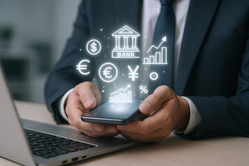 Businessman using smartphone for financial analysis with digital bank and growth icons.