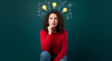 Woman in red sweater, pensive expression, lightbulbs and doodles above head, symbolizing ideas and brainstorming, teal background, free space