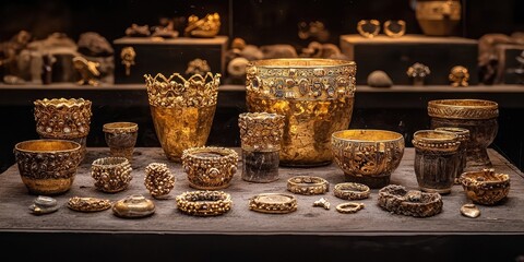Fototapeta premium Collection of turquoise cups and gold jewelry pieces with detailed engravings and gemstone decorations on stone surface. Generative by AI.