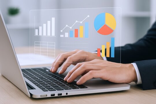 Businessman Analyzing Financial Data Using Transparent Digital Charts and Graphs on Laptop Screen.