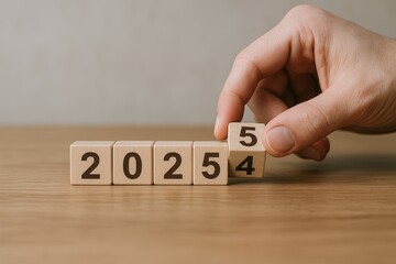Hand interacting with wooden blocks displaying the numbers 2025 and 54 on a wooden surface.
