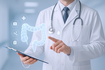 Modern medical professional using digital tablet for gastrointestinal health analysis.