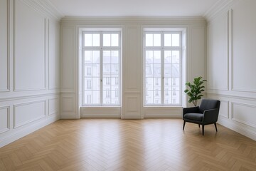 Bright Empty Room with Large Windows, Elegant Interior Design and Hardwood Floor.