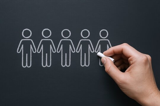 Hand drawing five human stick figure icons on blackboard with chalk in classroom or office setting.