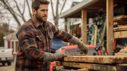 Man in plaid shirt and protective gloves working with wood in workshop. Useful for articles about handwork, tool advertising and educational materials about woodworking.