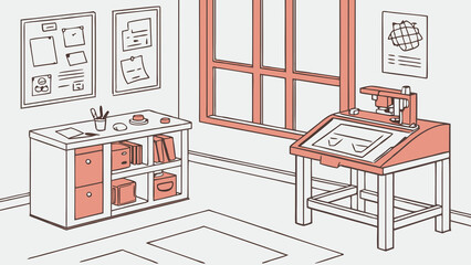 Fototapeta premium “Modern design studio office with drafting table, 3D printer model prototypes, wall-mounted pinboards with blurred sketches, daylight, no text”