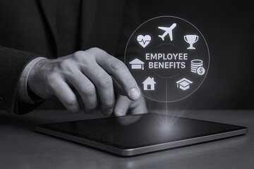 Digital Employee Benefits icons hologram hovering above tablet screen with futuristic interface.