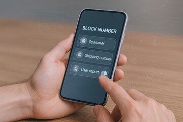 Close-up of a person blocking spam calls on smartphone with block options on screen.