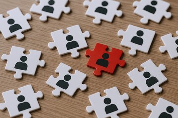 Obraz premium Uniform Puzzle Pieces with One Red Piece Highlighting Diversity and Inclusion.