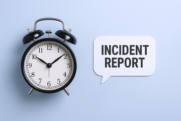 Vintage Black Alarm Clock Showing 10:09 Next to a Speech Bubble Saying Incident Report.
