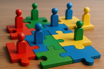 Obraz premium Colorful Wooden Puzzle Pieces with Human Figures Interconnected for Teamwork.
