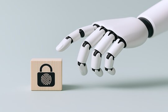 Close up of a robotic hand with a digital fingerprint lock icon on a wooden block.