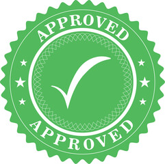 Green Circular Approved Seal with White Checkmark and Interlocking Border Design