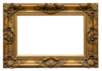 An ornate gold rectangular picture frame with detailed carvings, isolated on a transparent background