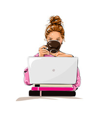 Beautiful brunette hair woman working on laptop computer. Pretty girl sitting at table and holding coffee cup.