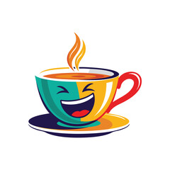 Joyful Hot Beverage Mug. A vibrant, cheerful vessel filled with a steaming drink, its laughing face conveys delight and positive energy. Perfect for a happy morning.