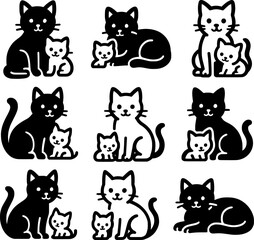 Fototapeta premium Cute Cat and Kitten Vector Icon Set Mother Cat with Baby Cats Silhouette Illustration