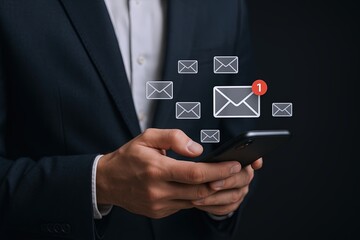 Businessman holding smartphone with email notifications and digital message icons.