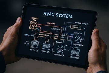 Detailed HVAC system diagram on digital tablet showing heating ventilation air conditioning.
